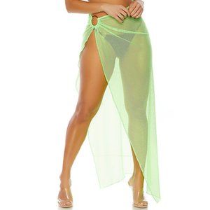 Sheer Net Wrap Long Pool Skirt Neon Green